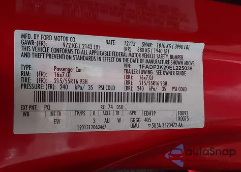 2014 Ford Focus Se z USA, uszkodzony, nr VIN 1FADP3K29EL225039